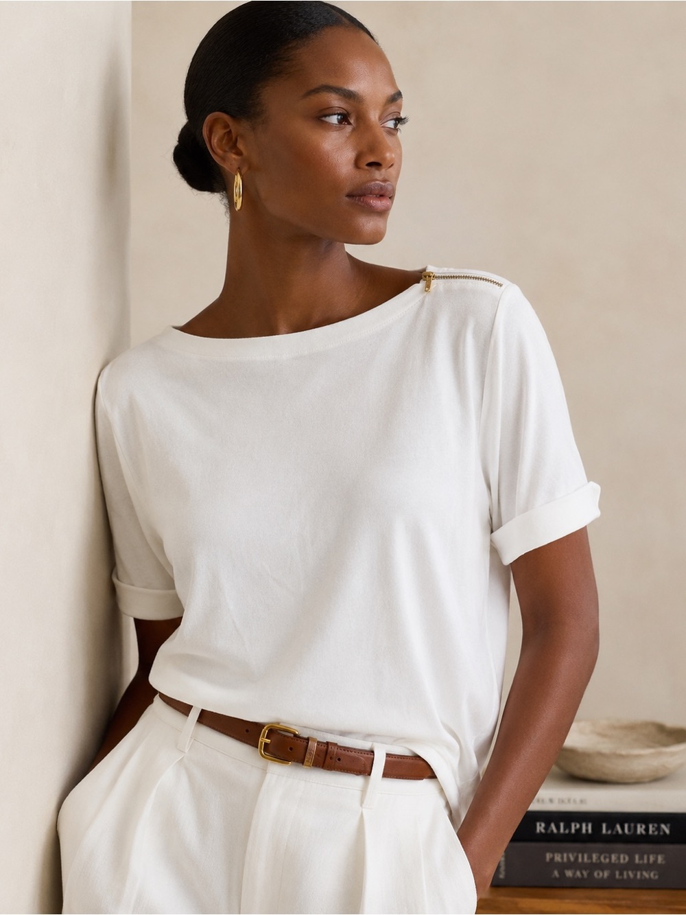LAUREN RALPH LAUREN White Cotton Boat Neck Gold Zip Shoulder Top 1X